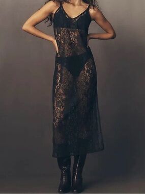 Anthropologie Black Sheer Lace Maxi Slip
